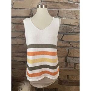 Tribal Jeans Womens V-Neck Striped Knit Sweater Tank White Orange Green Large